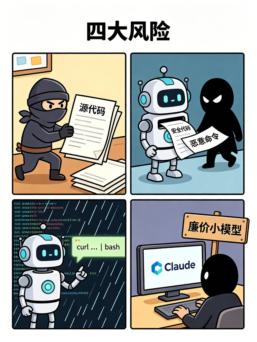 四大风险信息图：源代码被窃取、模型返回被篡改、Prompt Injection 恶意命令 curl bash、Claude 被替换为廉价小模型